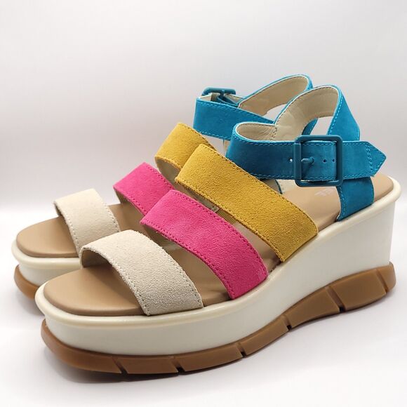 Sorel Joanie III Ankle Strap Wedge Sandals Size 8.5 Multicolor Teal Pink Gum New - Picture 1 of 10